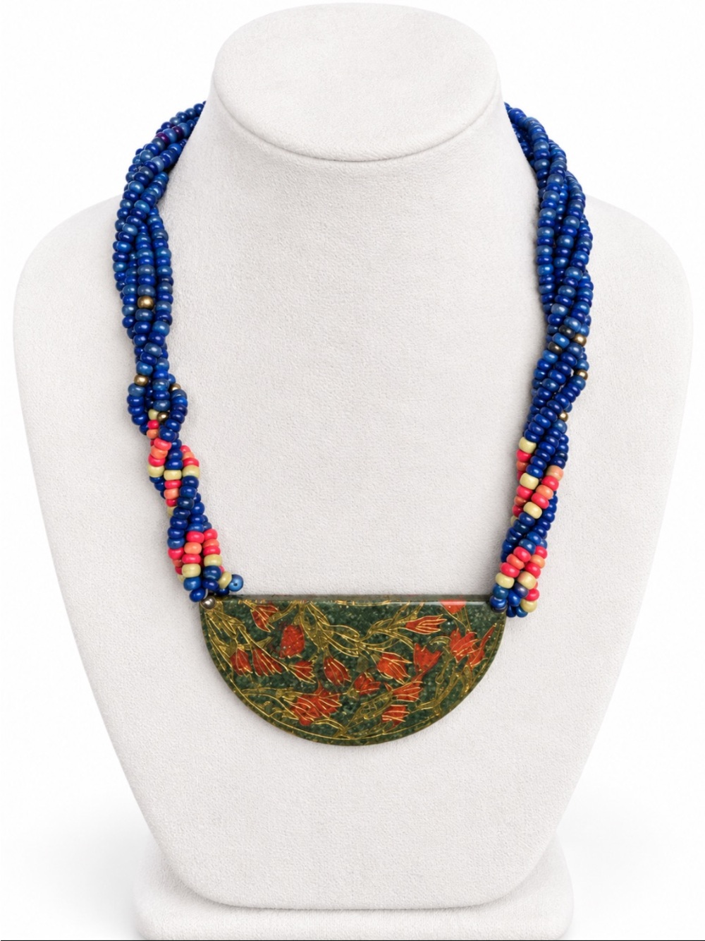 Artisan Boho Multi-Strand Blue Beaded Necklace with Hand Painted Floral Pendant